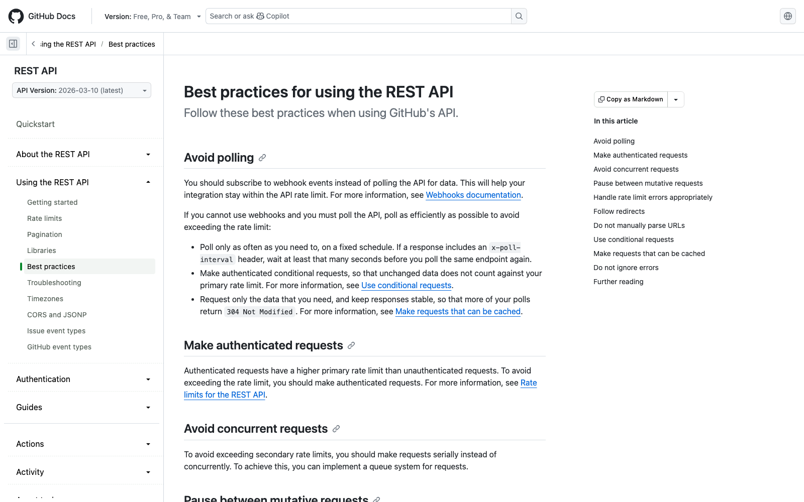 Документация GitHub REST API о заголовках ETag и If-None-Match