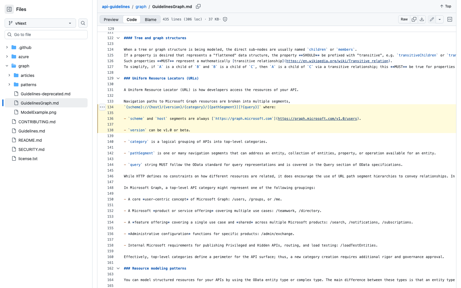 GuidelinesGraph.md, строки 134–138, подсвечены GitHub по ссылке на строки: структура URL и «`version` can be v1.0 or beta».