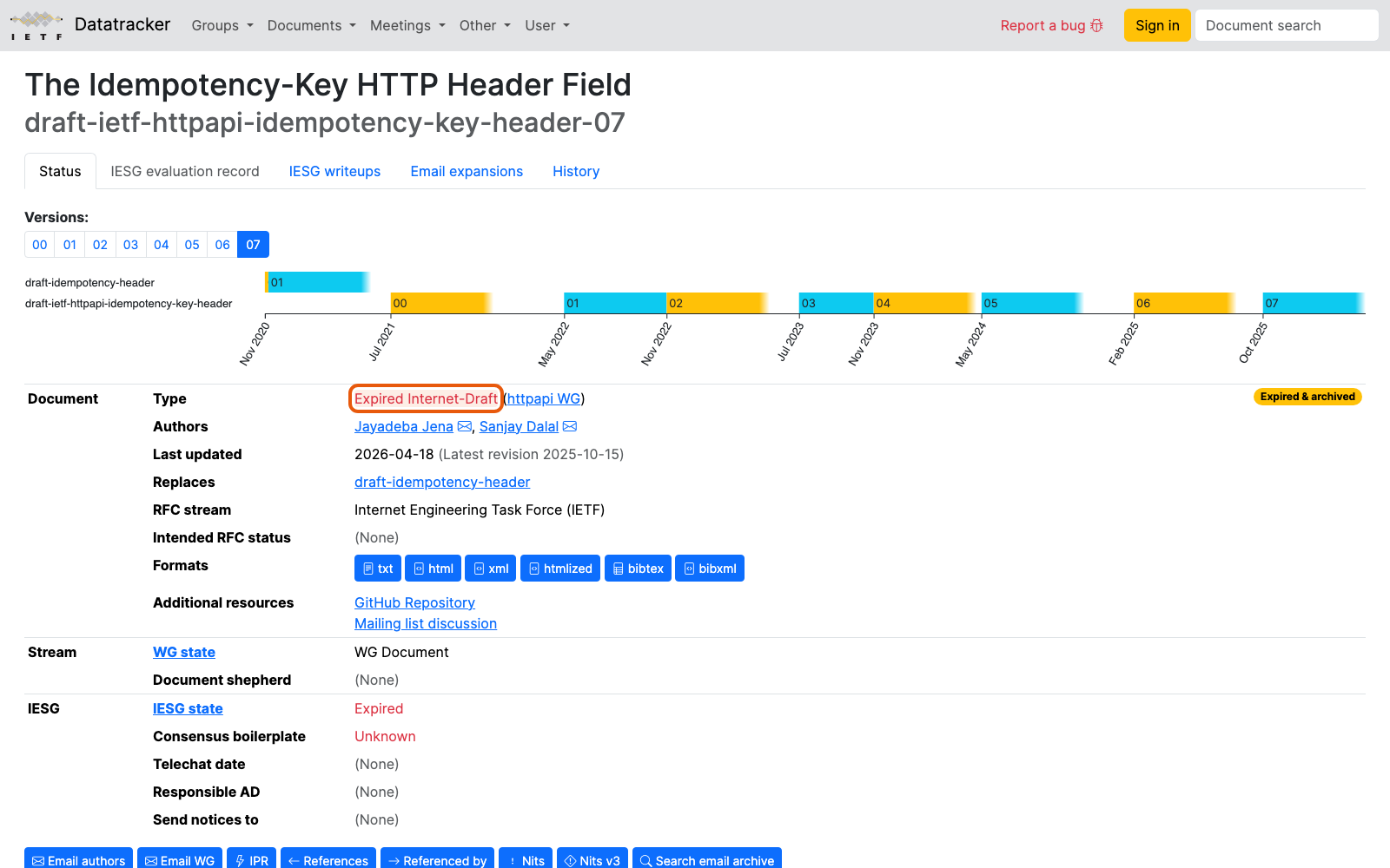 Черновик draft-ietf-httpapi-idempotency-key-header: статус Expired Internet-Draft.
