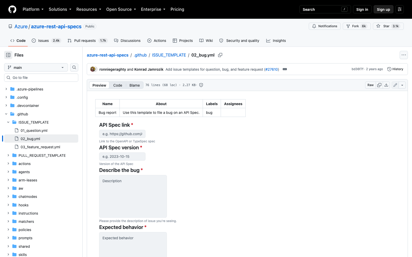 Форма ошибки Azure: поле API Spec version с обязательным заполнением.