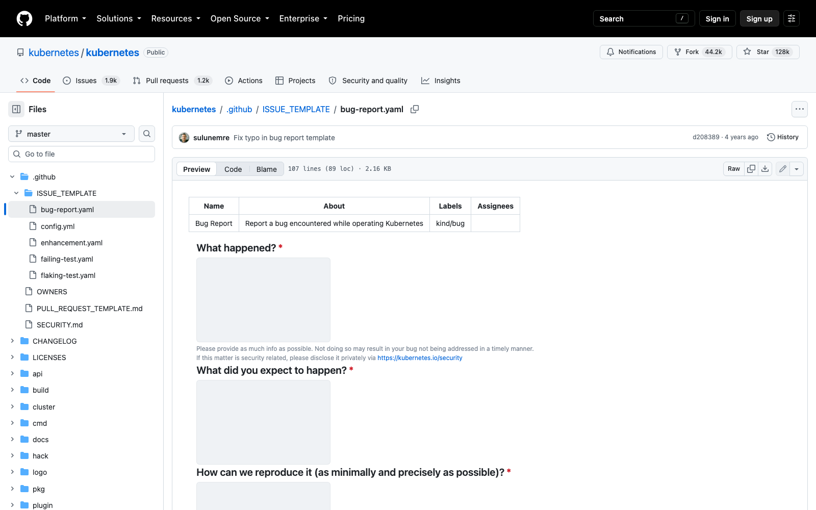 Формы issue в репозитории Kubernetes: выбор вида обращения