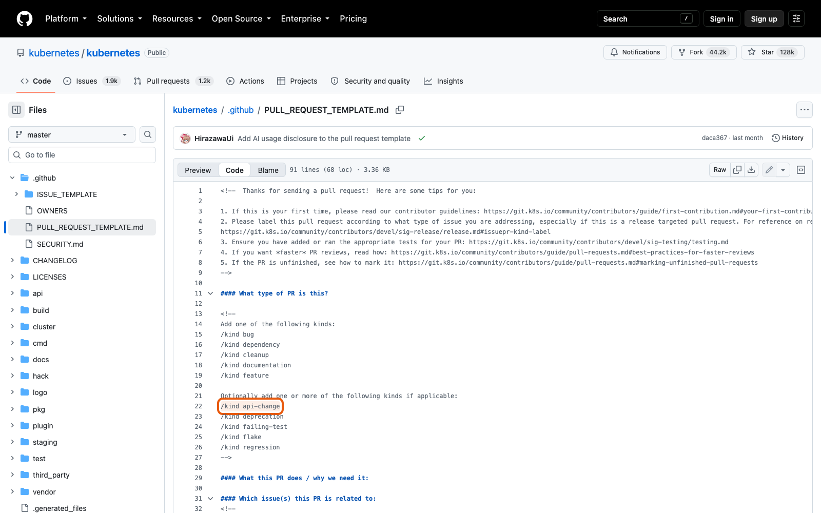 Шаблон PR Kubernetes: список видов изменения, среди них /kind api-change и /kind deprecation.