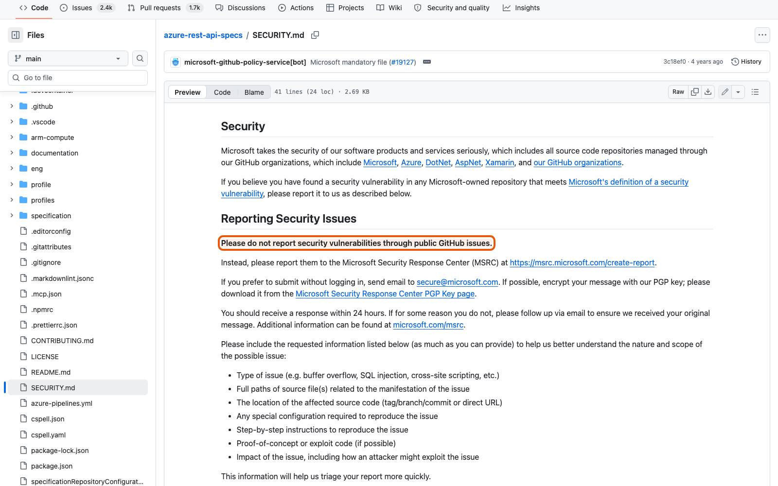 SECURITY.md Azure: «Please do not report security vulnerabilities through public GitHub issues».