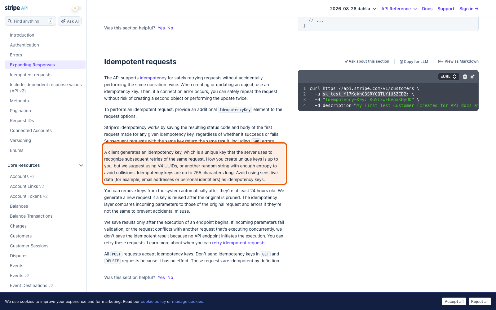 Документация Stripe о заголовке Idempotency-Key и хранении результата запроса