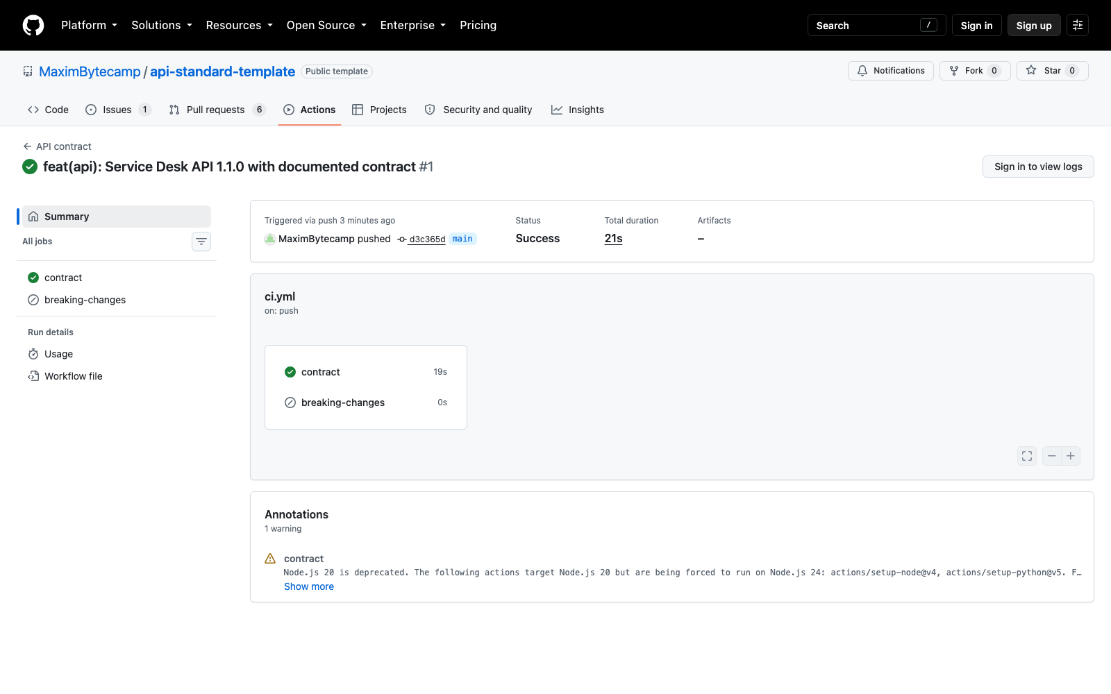 Вкладка Actions репозитория: успешные запуски сборки API contract в основной ветке