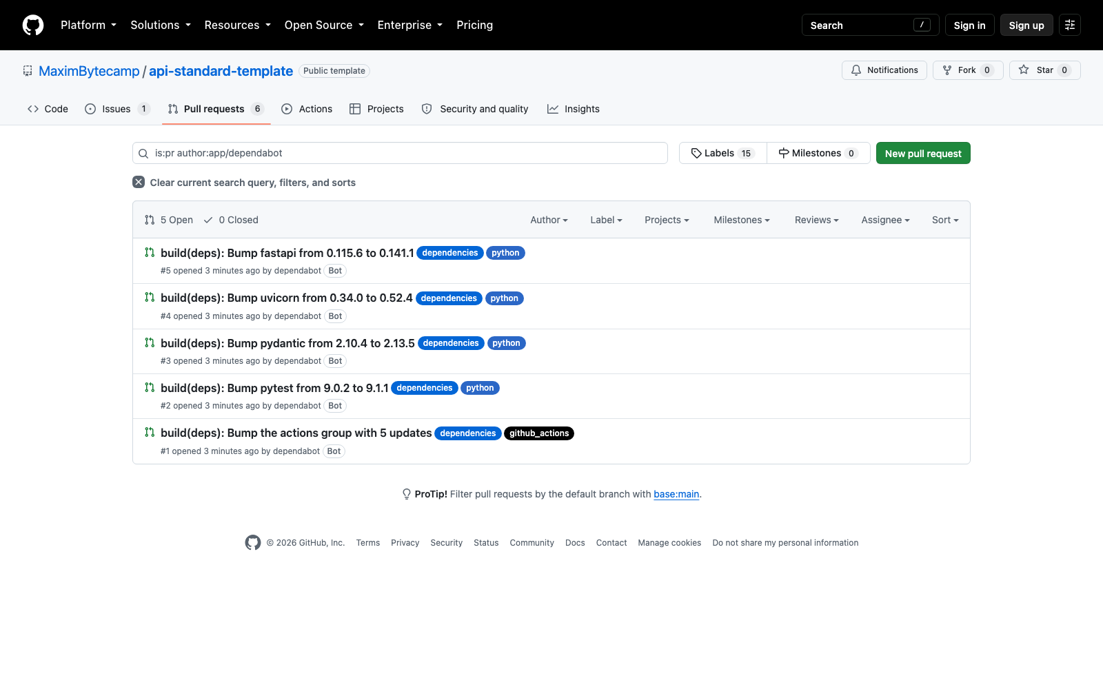 Список открытых pull request от Dependabot в учебном репозитории