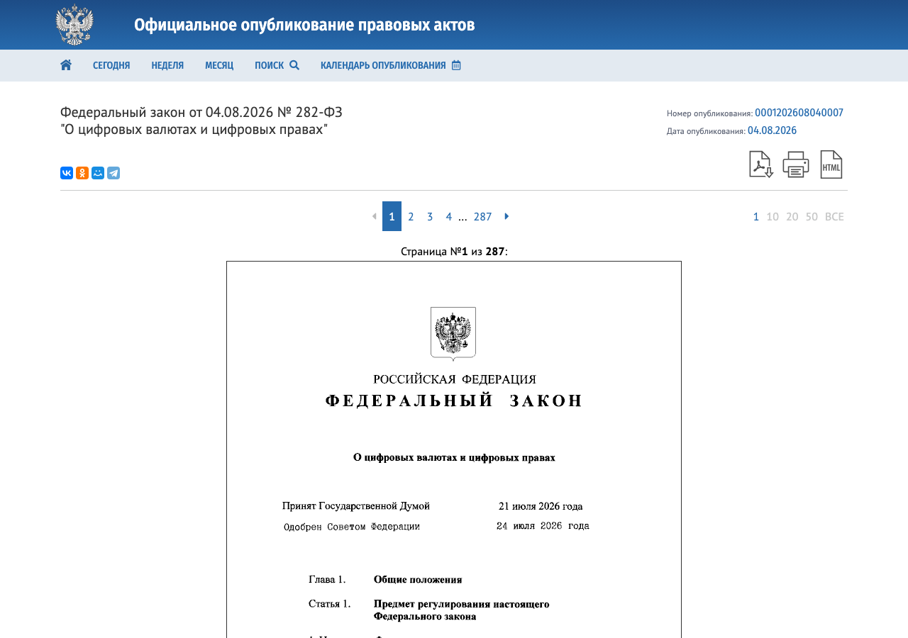 Страница закона 282-ФЗ на портале официального опубликования правовых актов