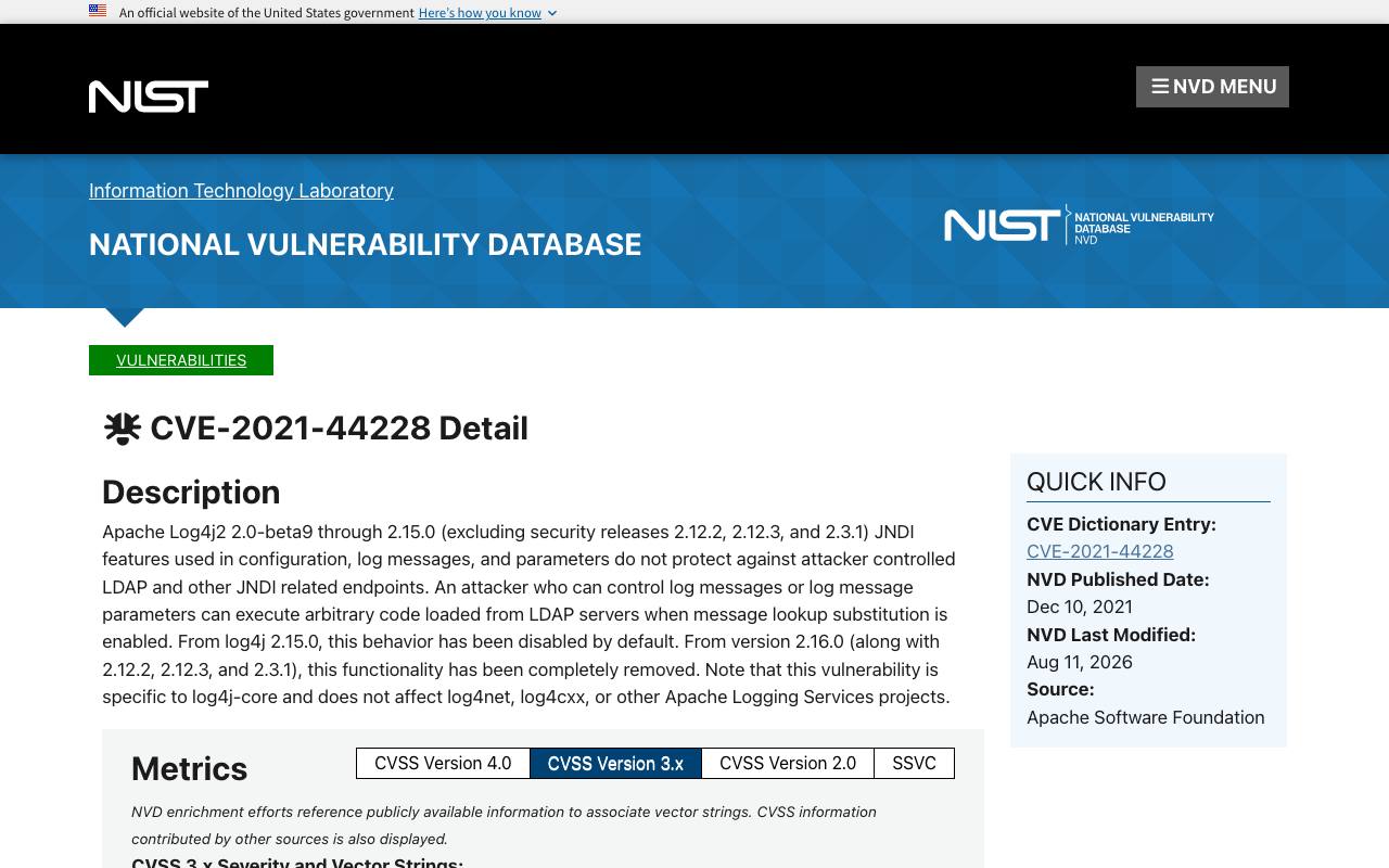 Запись CVE-2021-44228 в Национальной базе уязвимостей США.
