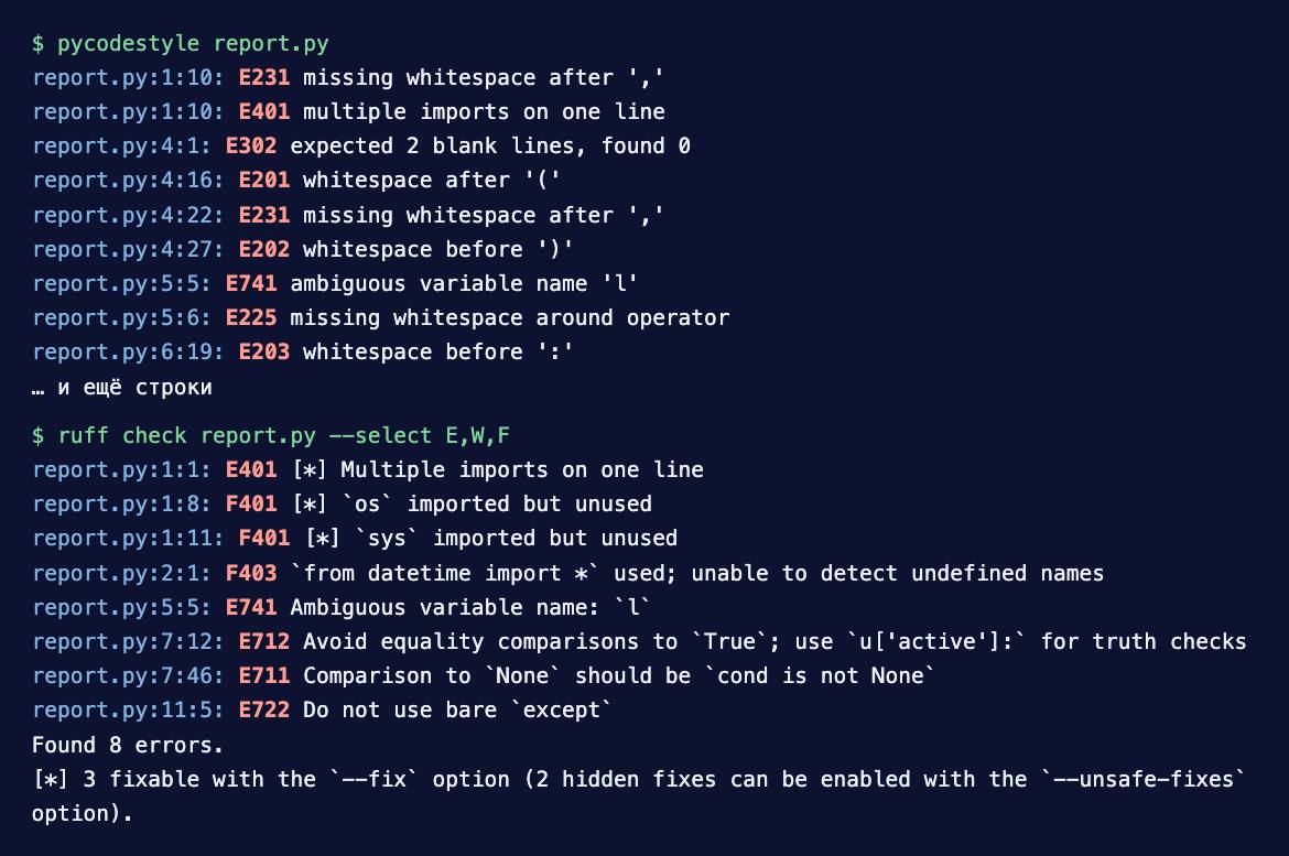 Настоящий вывод pycodestyle и ruff для файла «до» из предыдущего параграфа.