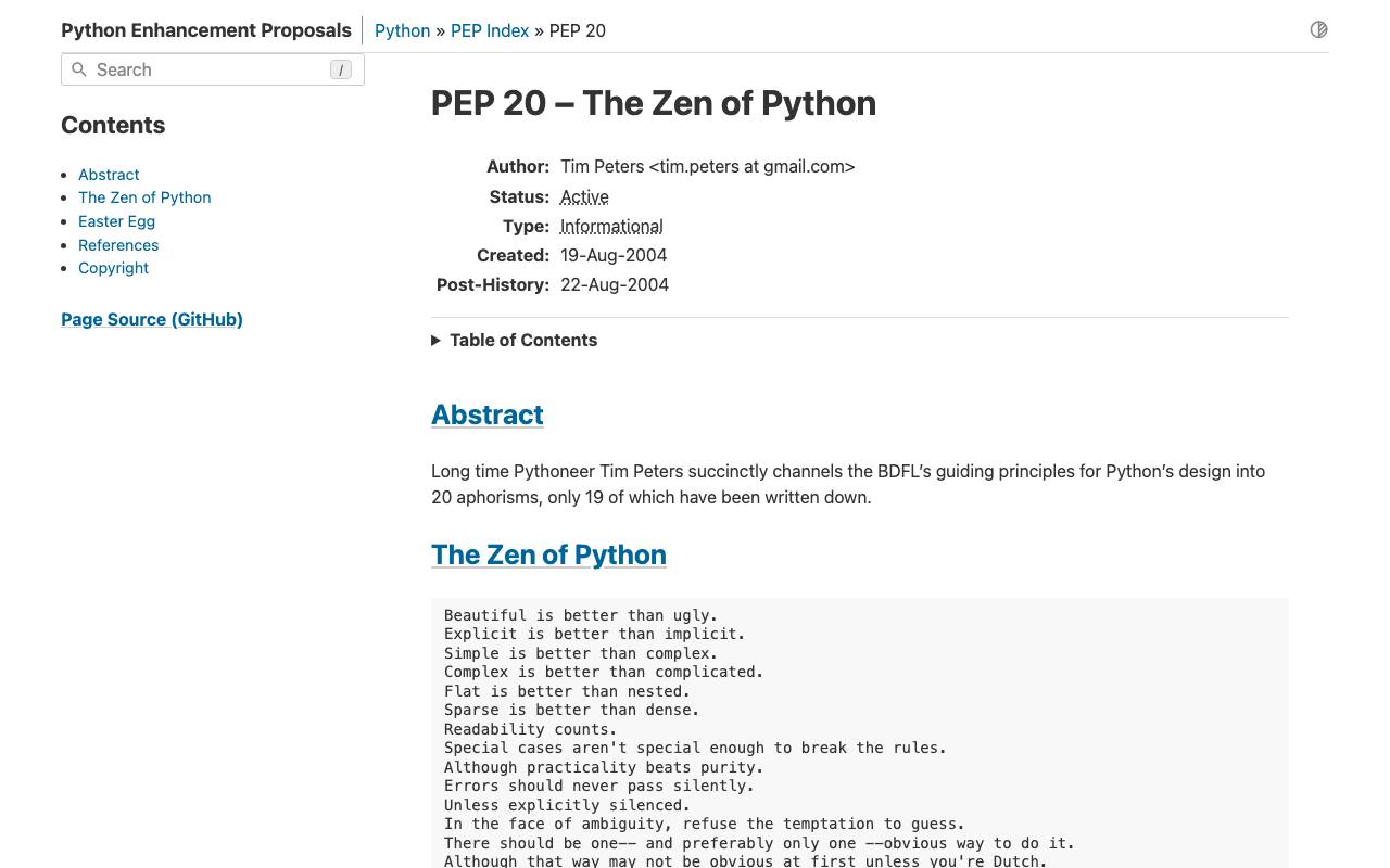 PEP 20 «The Zen of Python».
