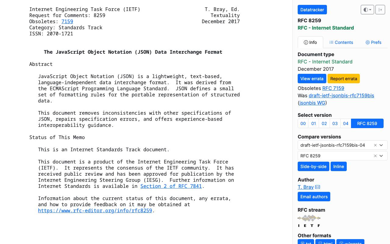RFC 8259 на сайте IETF.