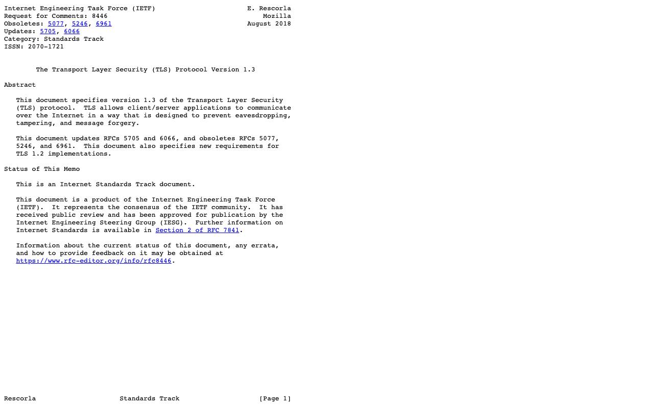 RFC 8446 «The Transport Layer Security (TLS) Protocol Version 1.3».